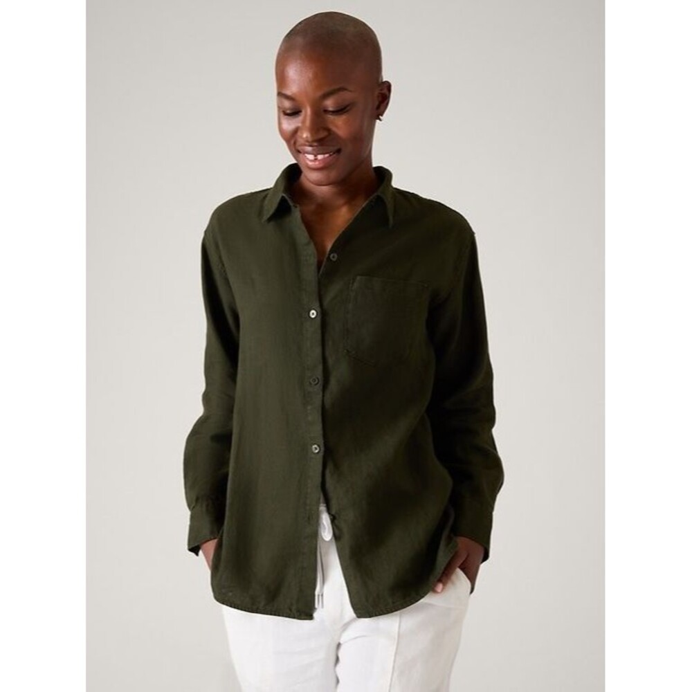 Athleta Retreat Linen Button Up Long Sleeve Top Green XS Relaxed Breathable